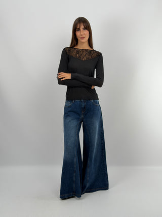Maglia Ultralight con Cashmere con Pizzo Nera