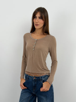 Maglia Ultralight con Cashmere con Bottoni e Pizzo Nude