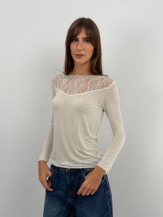 Pull Ultra-Léger avec Cachemire et Dentelle Crème