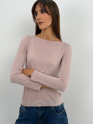 Maglia rosa cipria in tessuto morbido e sottile con cashmere, girocollo e maniche lunghe.