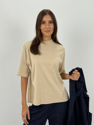 T-Shirt in Cotone con Manica Ampia Beige