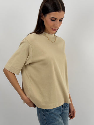 T-Shirt in Cotone con Manica Ampia Beige
