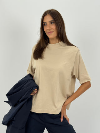 T-Shirt in Cotone con Manica Ampia Beige