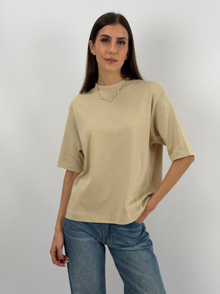 T-Shirt in Cotone con Manica Ampia Beige