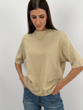 T-Shirt in Cotone con Manica Ampia Beige