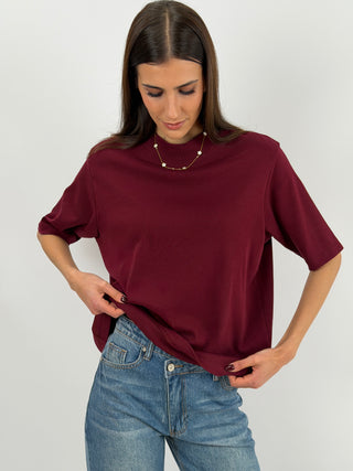 Burgundy Wide-Sleeved Cotton T-Shirt