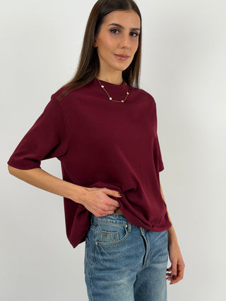 Burgundy Wide-Sleeved Cotton T-Shirt
