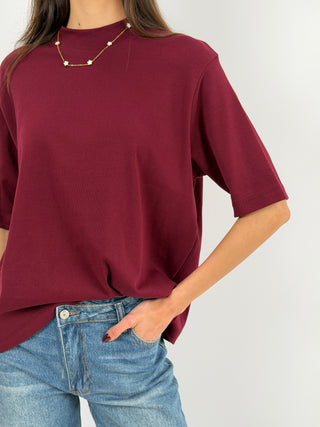 Burgundy Wide-Sleeved Cotton T-Shirt