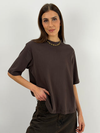 T-Shirt in Cotone con Manica Ampia Marrone