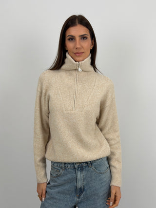 Pullover a Collo Alto con Zip Beige