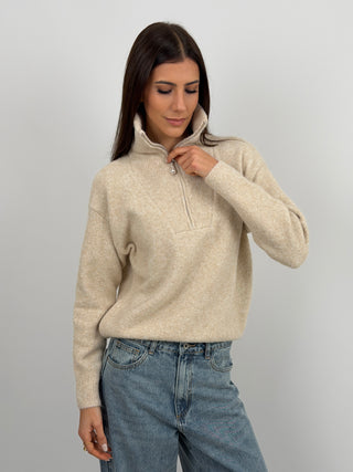 Pullover a Collo Alto con Zip Beige
