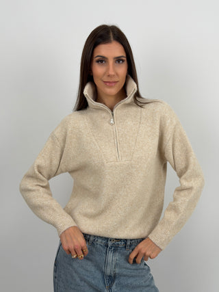 Pullover a Collo Alto con Zip Beige