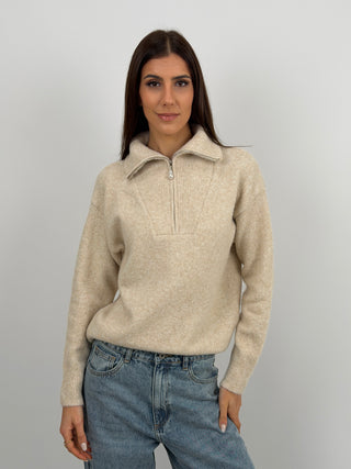 Pullover a Collo Alto con Zip Beige