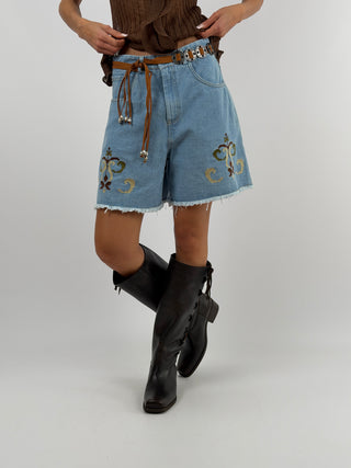 Bermuda in Denim con Ricami e Cintura