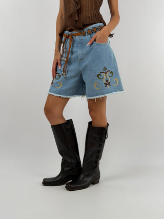 Bermuda in Denim con Ricami e Cintura