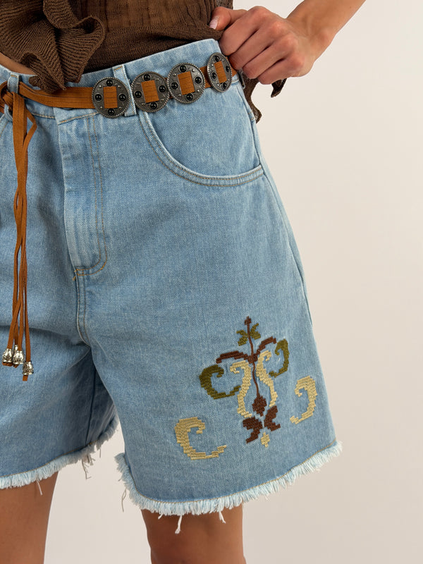 Bermuda in Denim con Ricami e Cintura