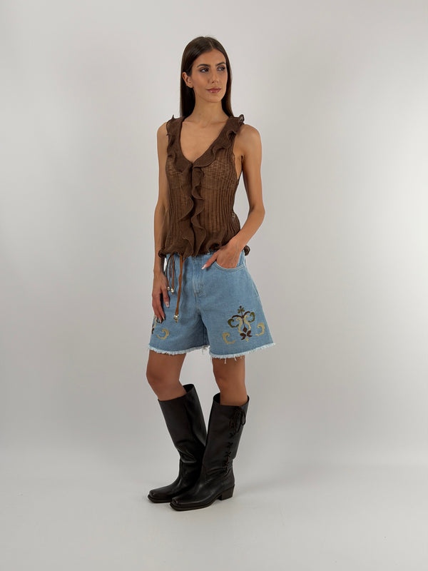 Bermuda in Denim con Ricami e Cintura