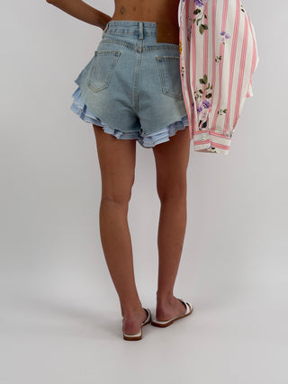 Shorts in Denim con Volant