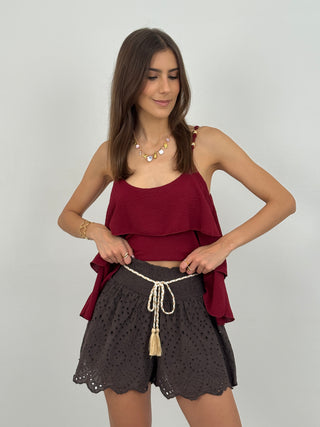 Shorts in Sangallo con Cintura Marrone