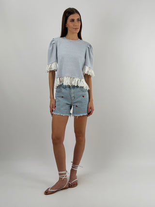 Shorts in Denim con Ricamo Fragole