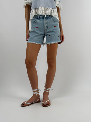 Shorts in Denim con Ricamo Fragole