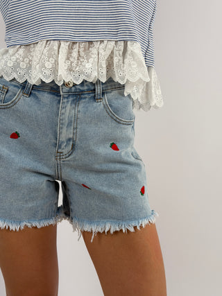 Shorts in Denim con Ricamo Fragole
