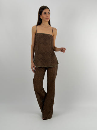 Set Coordinato Top e Pantalone in Pizzo Marrone Lumina