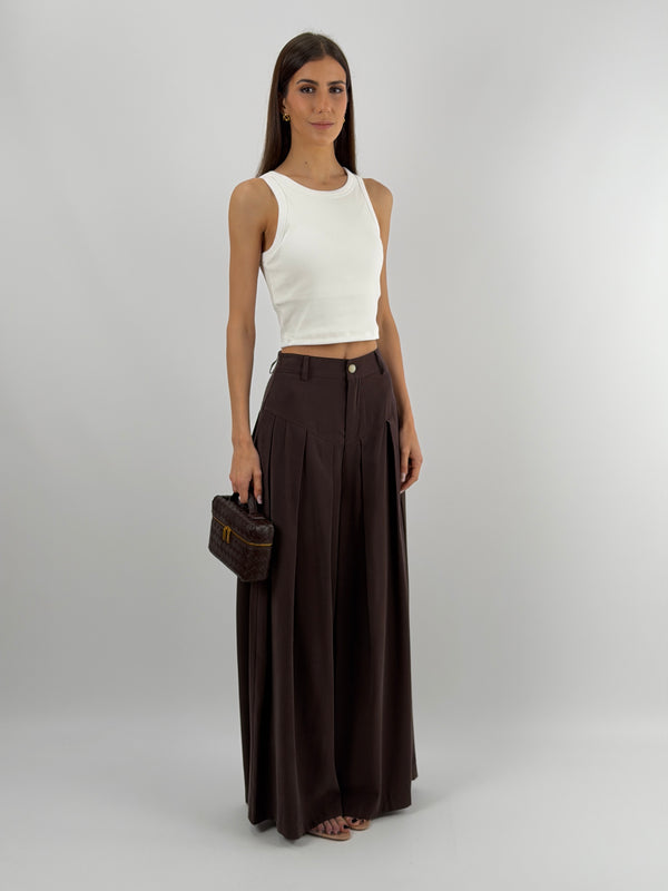 Pantalone Wide Leg con Pinces Marrone Lumina