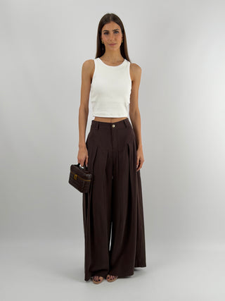 Pantalone Wide Leg con Pinces Marrone Lumina
