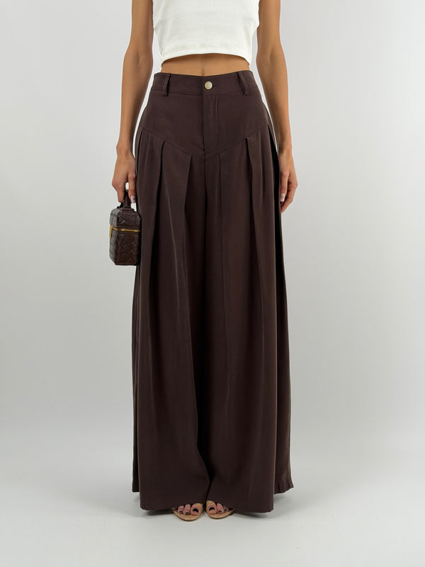 Pantalone Wide Leg con Pinces Marrone Lumina