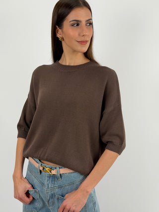 Pullover con Manica a Tre Quarti Marrone