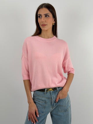 Pullover con Manica a Tre Quarti Rosa Pastello