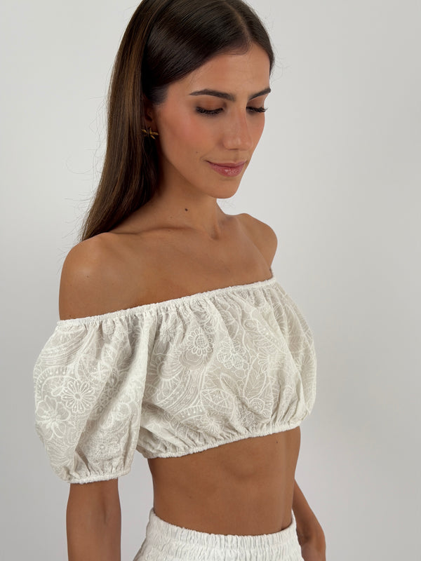 Set Top e Pantalone Bianco con Ricami Lumina