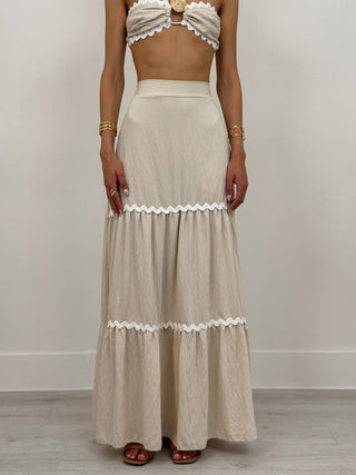 Set Coord Top e Gonna Beige con Bordi a Contrasto