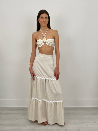 Set Coord Top e Gonna Beige con Bordi a Contrasto