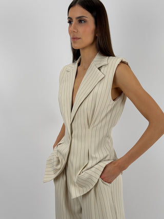 Completo Gessato con Gilet Beige