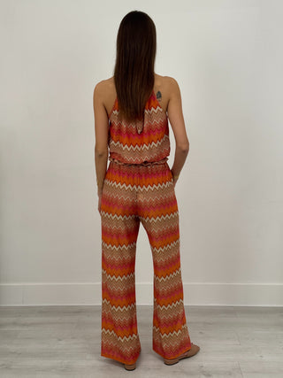 Coordinato Top e Pantalone in Fantasia Arancio e Fucsia