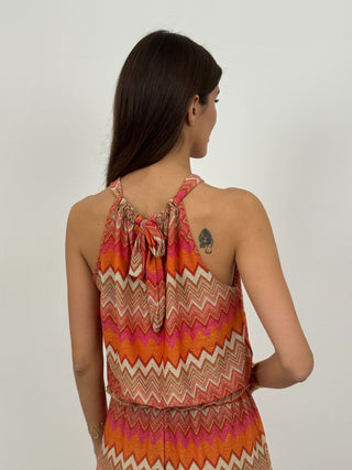 Coordinato Top e Pantalone in Fantasia Arancio e Fucsia