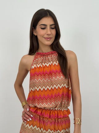 Coordinato Top e Pantalone in Fantasia Arancio e Fucsia