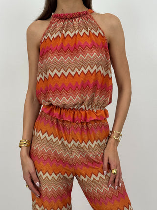 Coordinato Top e Pantalone in Fantasia Arancio e Fucsia