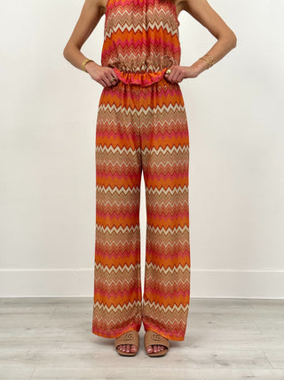 Coordinato Top e Pantalone in Fantasia Arancio e Fucsia