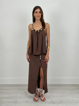Coordinato Top e Gonna con Applicazioni Marrone