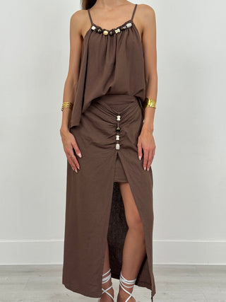 Coordinato Top e Gonna con Applicazioni Marrone