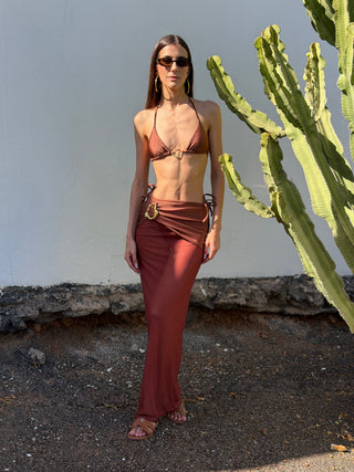 Set Bikini e Gonna con Dettaglio Gioiello Marrone