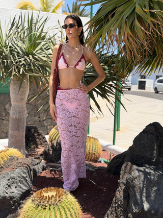 Set Bikini e Gonna con Pizzo Rosa