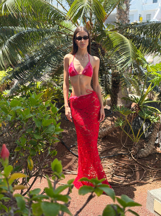 Set Bikini e Gonna con Pizzo Rosso