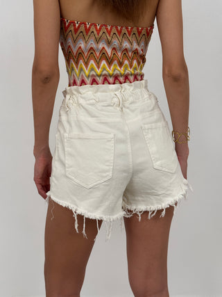 Shorts in Denim con Vita Arricciata Bianco