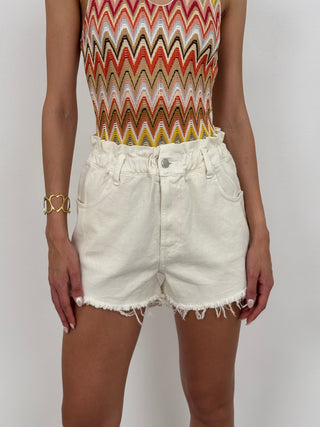 Shorts in Denim con Vita Arricciata Bianco