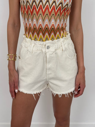 Shorts in Denim con Vita Arricciata Bianco