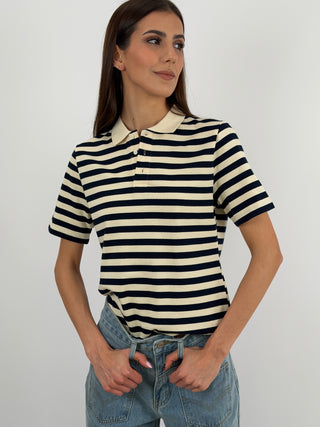 Maglia Polo a Righe Crema e Blu Lumina